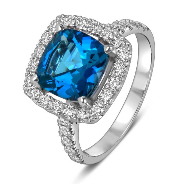 Кольцо из белого золота с бриллиантами и лондон топазом (060358)