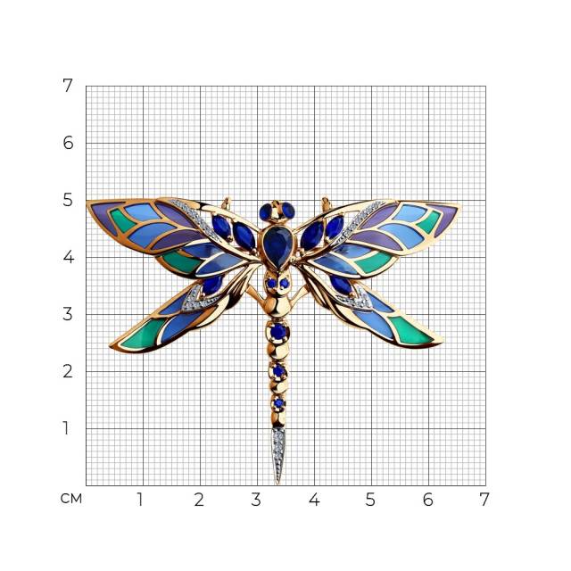 Брошь из красного золота с бриллиантами, корундами и эмалью (050610)