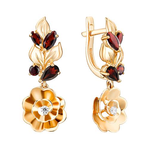 Серьги из красного золота с гранатами и фианитами (040081)