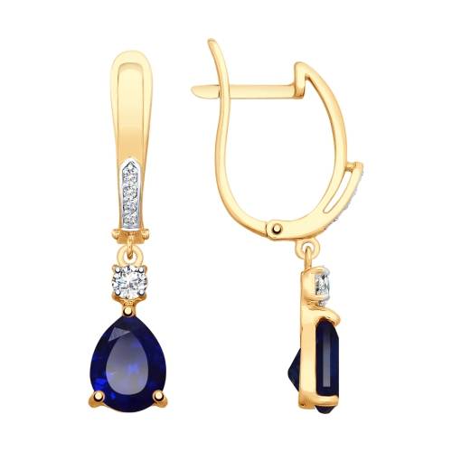 Серьги из красного золота с синтетическими сапфирами и цирконами (038371)