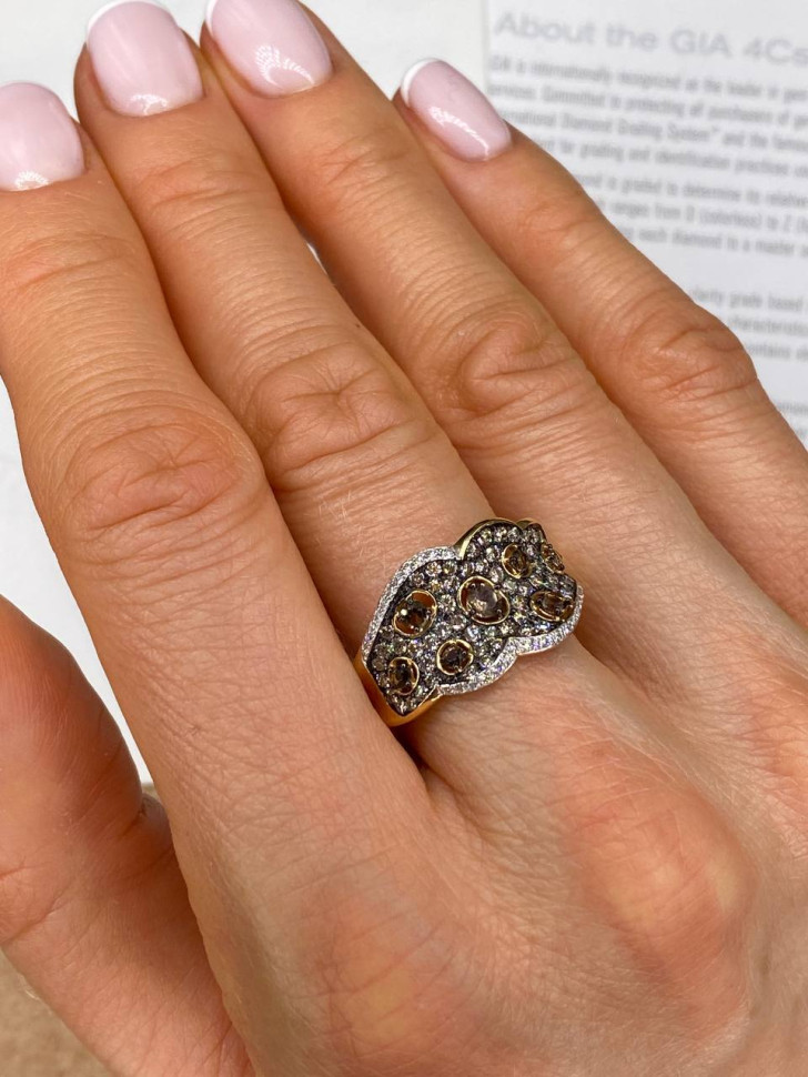 Кольцо из жёлтого золота с бриллиантами и раух-топазами (013662)