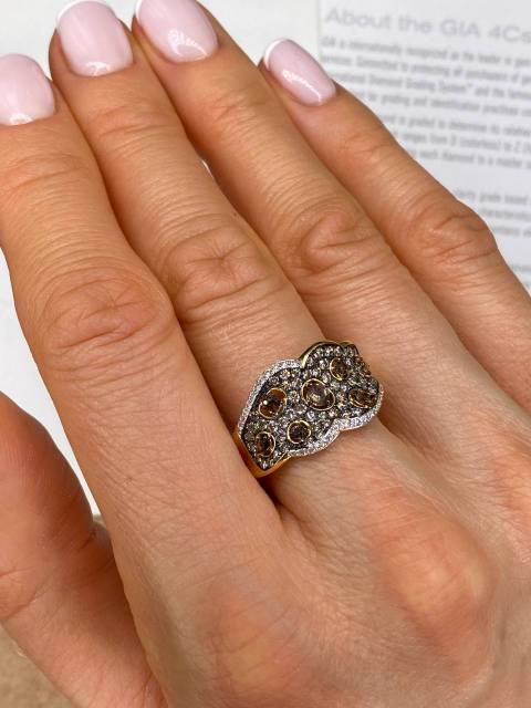 Кольцо из жёлтого золота с бриллиантами и раух-топазами (013662)