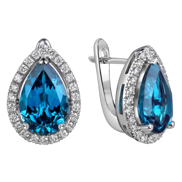 Серьги из белого золота с бриллиантами и лондон топазами (060363)