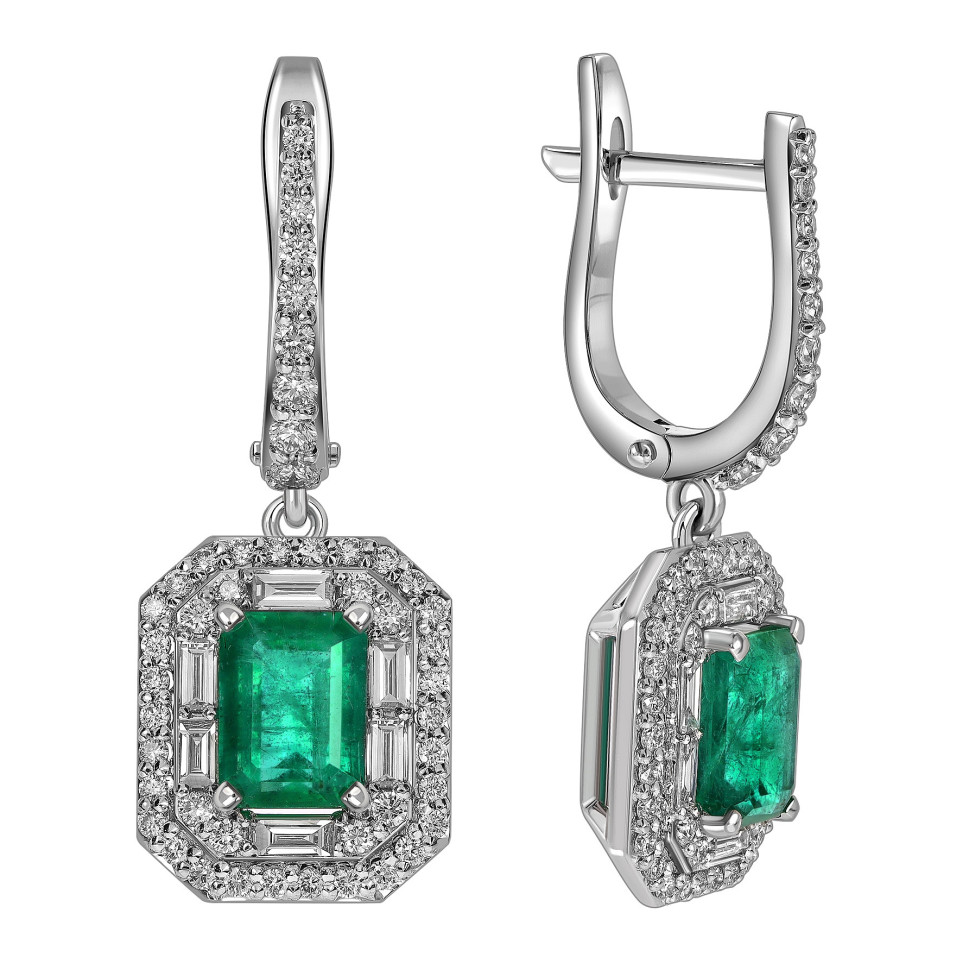 Серьги из белого золота с бриллиантами и  изумрудами (063703)