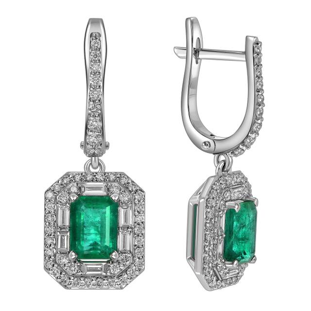Серьги из белого золота с бриллиантами и  изумрудами (063703)