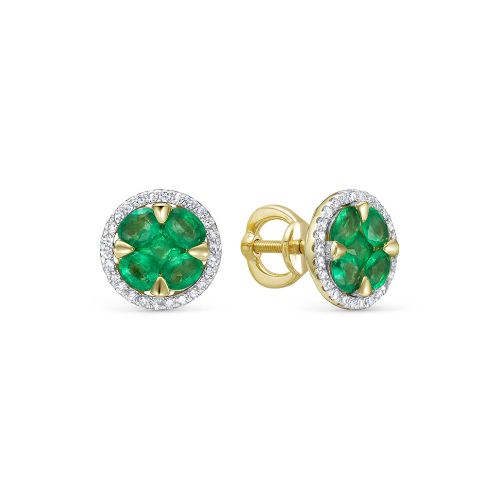 Серьги пусеты из жёлтого золота с бриллиантами и изумрудами (054749)