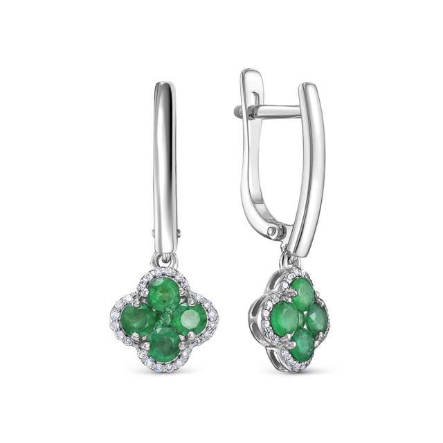 Серьги из белого золота с бриллиантами и изумрудами (055679)