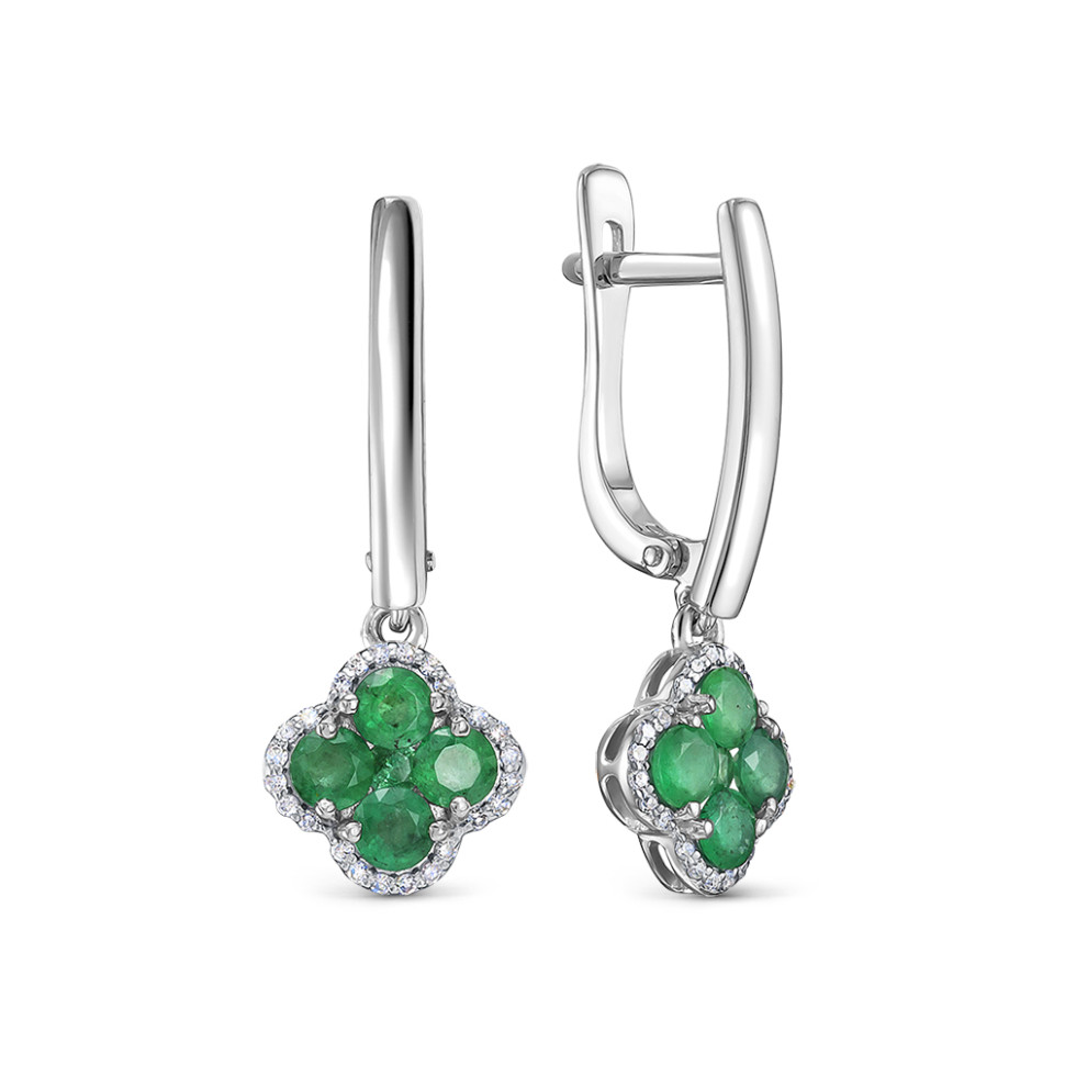 Серьги из белого золота с бриллиантами и изумрудами (055679)