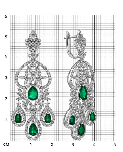 Серьги из белого золота с бриллиантами и изумрудами (010175)