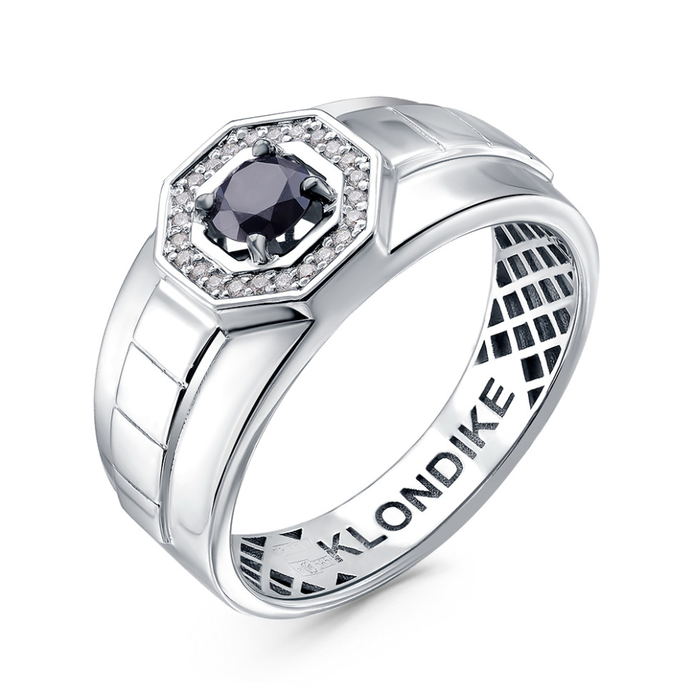 Кольцо печатка из белого золота с бриллиантами и сапфиром (050499)