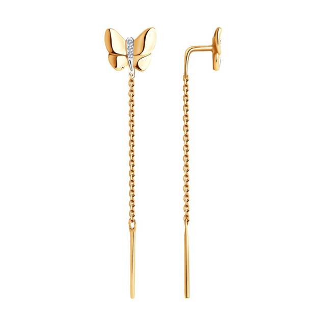 Серьги протяжки из красного золота с бриллиантами "Бабочки" (048640)