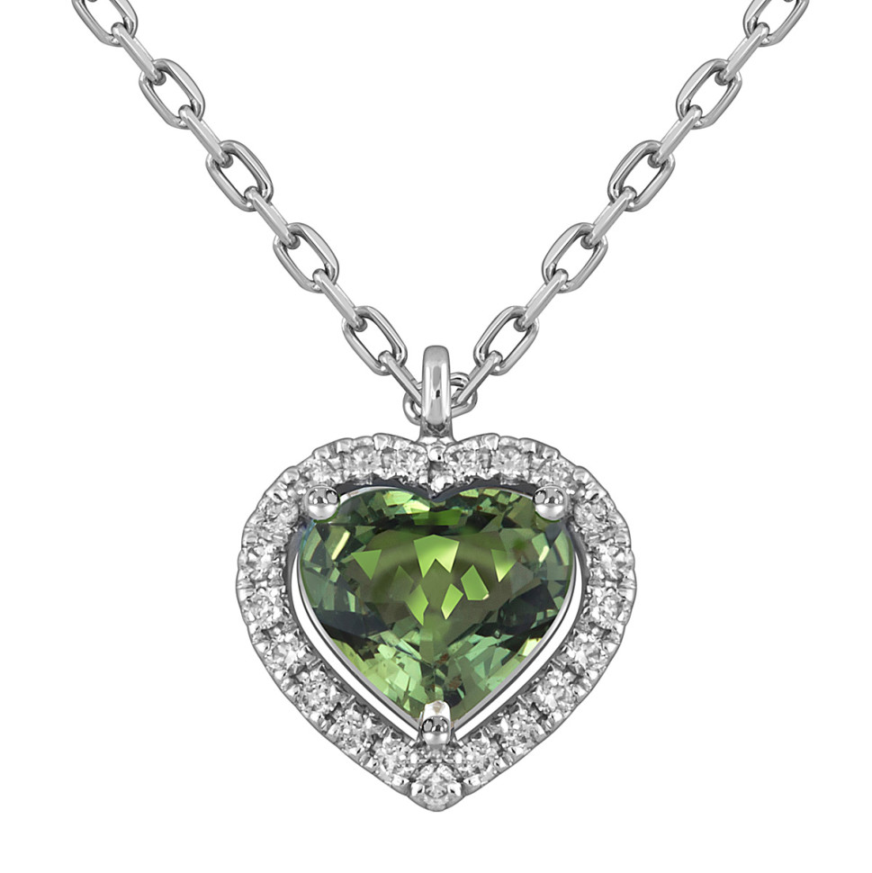 Колье из белого золота с бриллиантами и зелёным турмалином Сердце (053787)