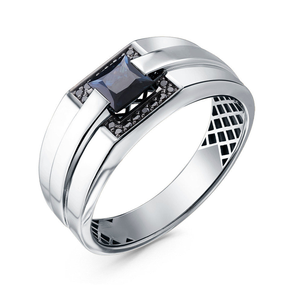 Мужское кольцо из белого золота с чёрными бриллиантами и сапфиром (060227)