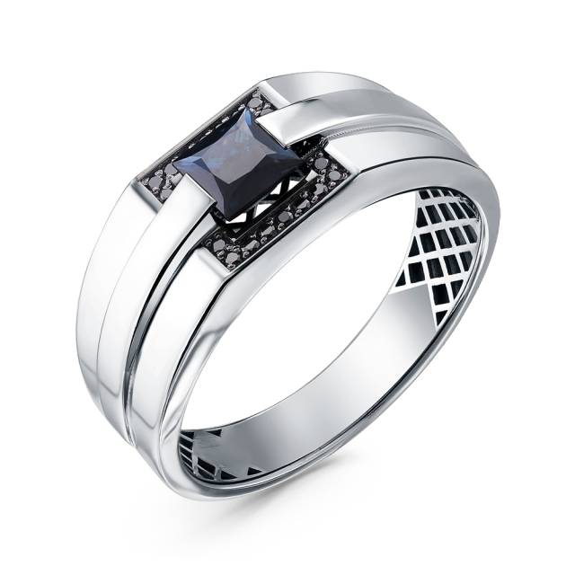 Мужское кольцо из белого золота с чёрными бриллиантами и сапфиром (060227)