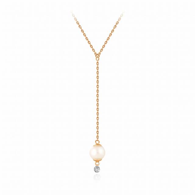 Колье из красного золота с бриллиантом и жемчугом Акойя (047750)