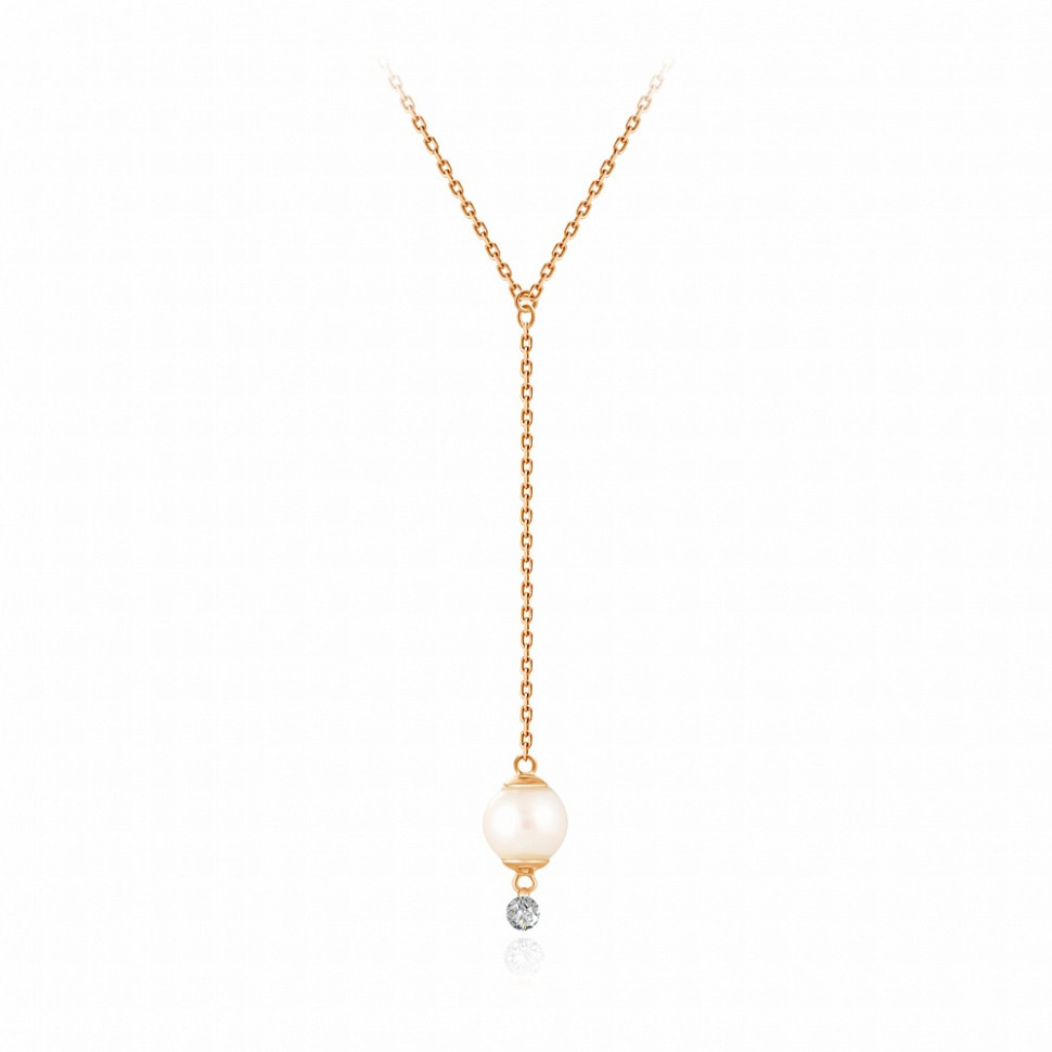 Колье из красного золота с бриллиантом и жемчугом Акойя (047750)