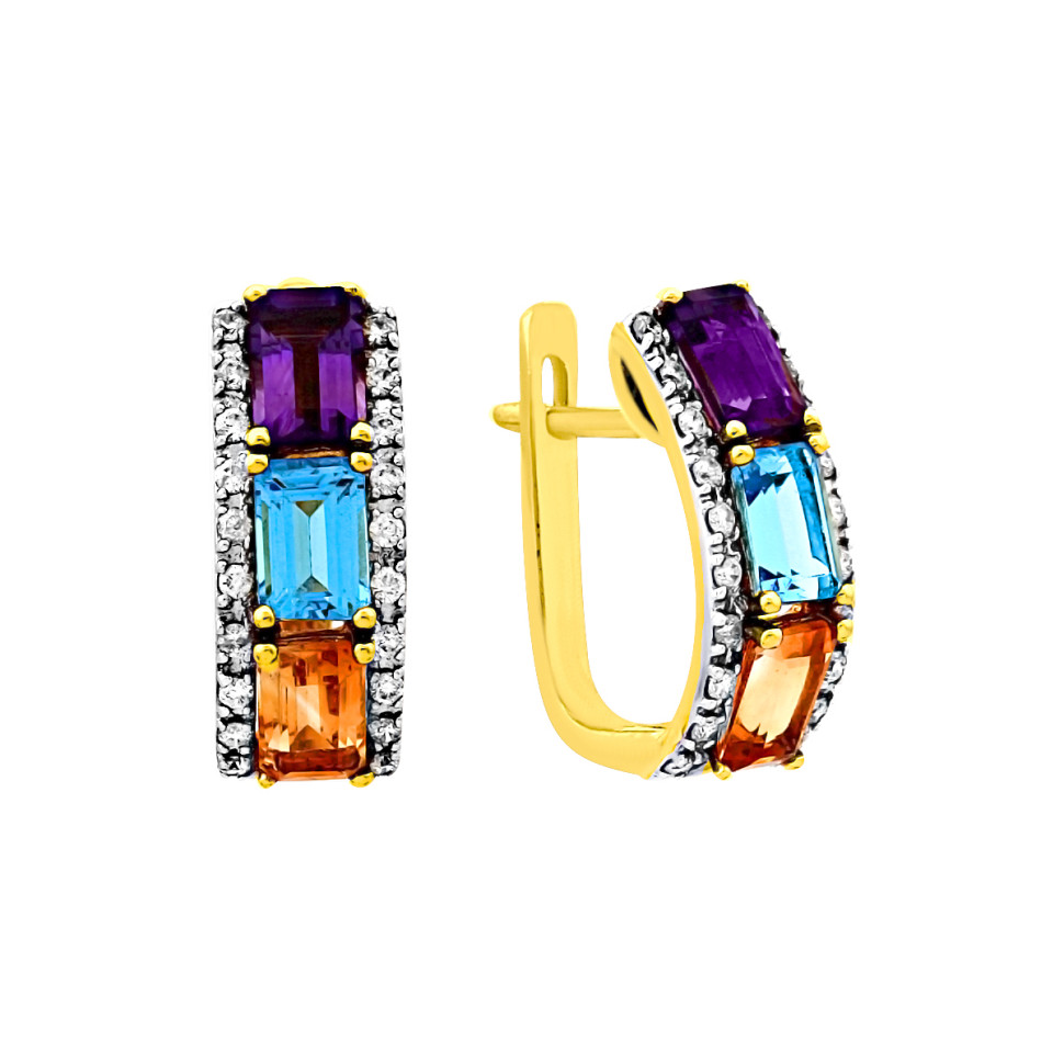 Серьги из жёлтого золота с бриллиантами и полудрагоценными камнями (020473)