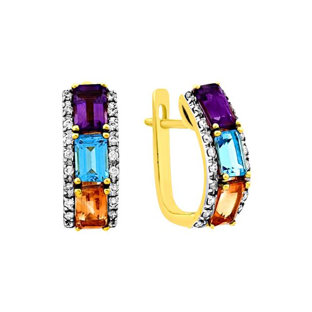 Серьги из жёлтого золота с бриллиантами и полудрагоценными камнями (020473)