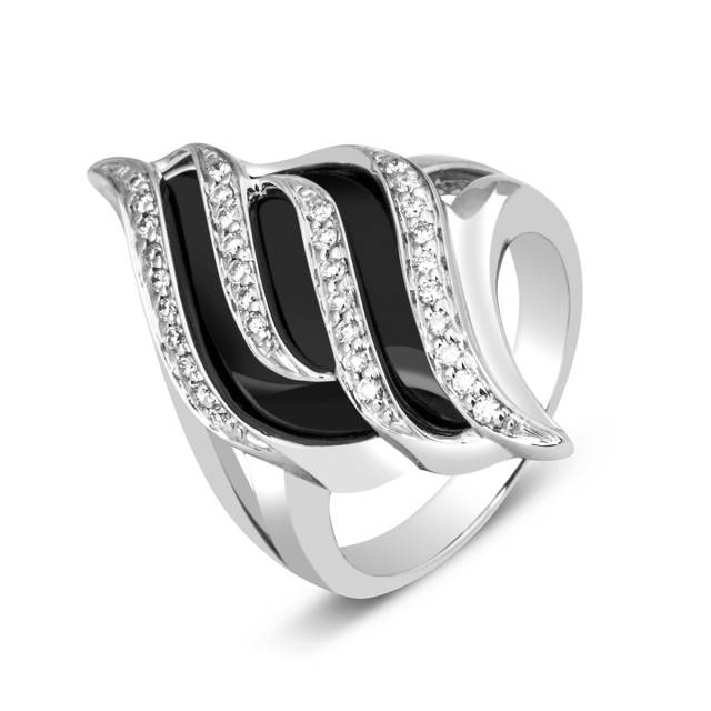 Кольцо из белого золота с бриллиантами и ониксом (013738)