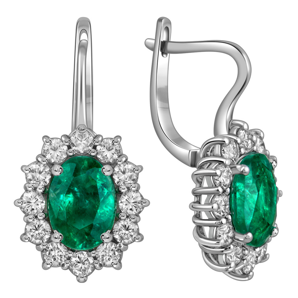 Серьги из белого золота с бриллиантами и изумрудами (025187)