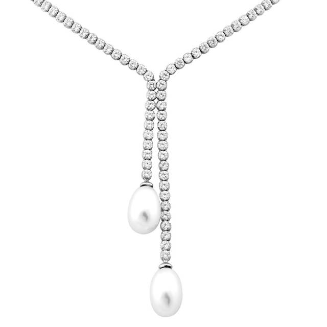 Колье из белого золота с кристаллами Сваровски и жемчугом (026227)