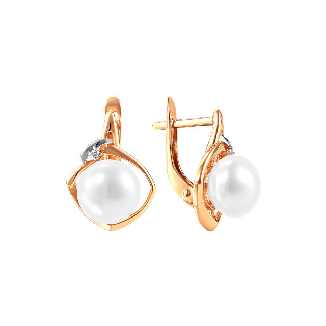 Серьги из красного золота с жемчугом и фианитами (041633)