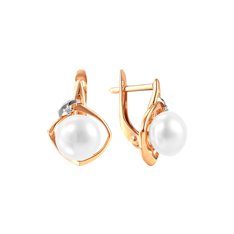 Серьги из красного золота с жемчугом и фианитами (041633)