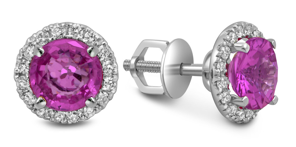 Серьги пусеты из белого золота с бриллиантами и розовыми сапфирами (052503)