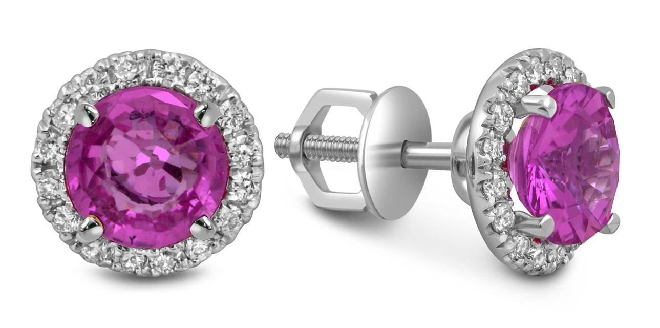 Серьги пусеты из белого золота с бриллиантами и розовыми сапфирами (052503)