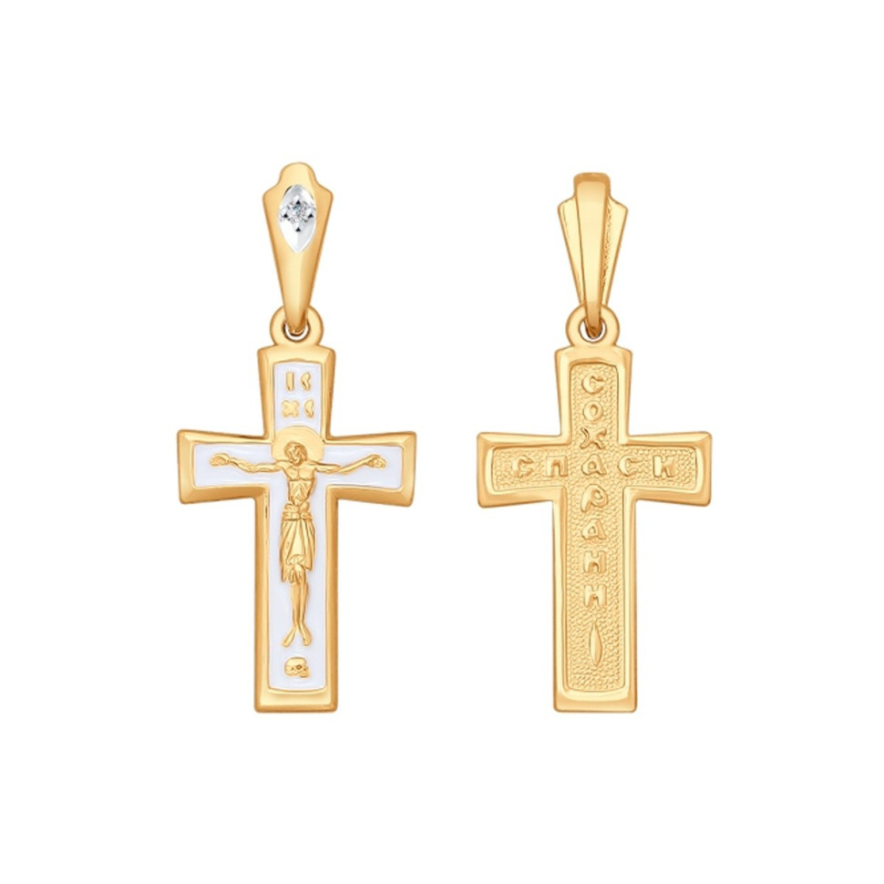 Кулон крест из жёлтого золота с бриллиантом и белой эмалью (025151)
