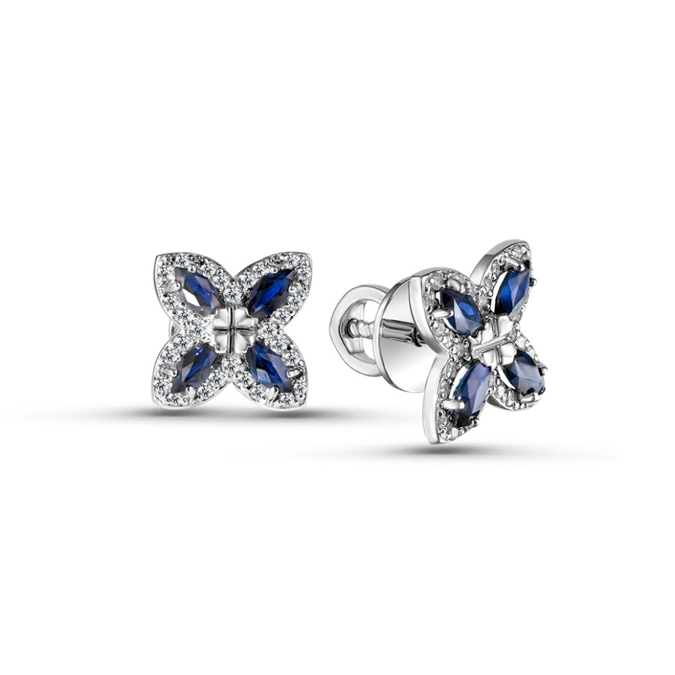 Серьги пусеты из белого золота с бриллиантами и сапфирами (058789)