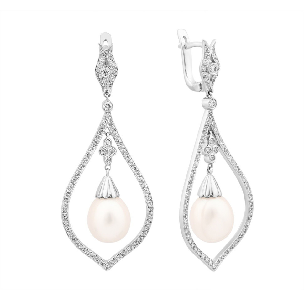 Серьги из белого золота с бриллиантами и жемчугом (002416)