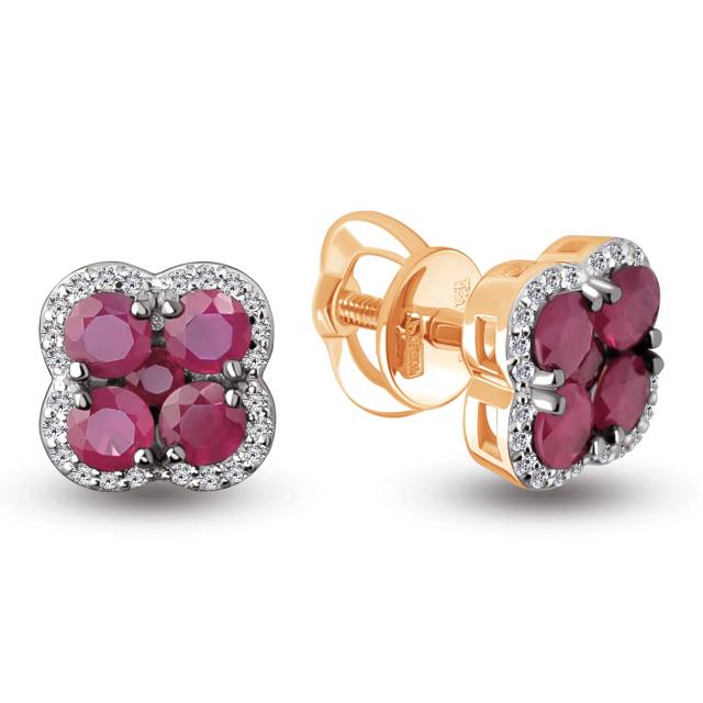 Серьги пусеты из красного золота с бриллиантами и рубинами (063803)