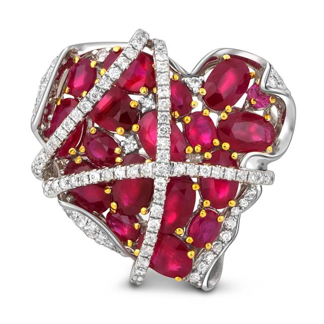 Кольцо из белого золота с бриллиантами и рубинами (047602)