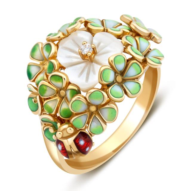 Кольцо из жёлтого золота с цирконом, эмалью и перламутром (023926)