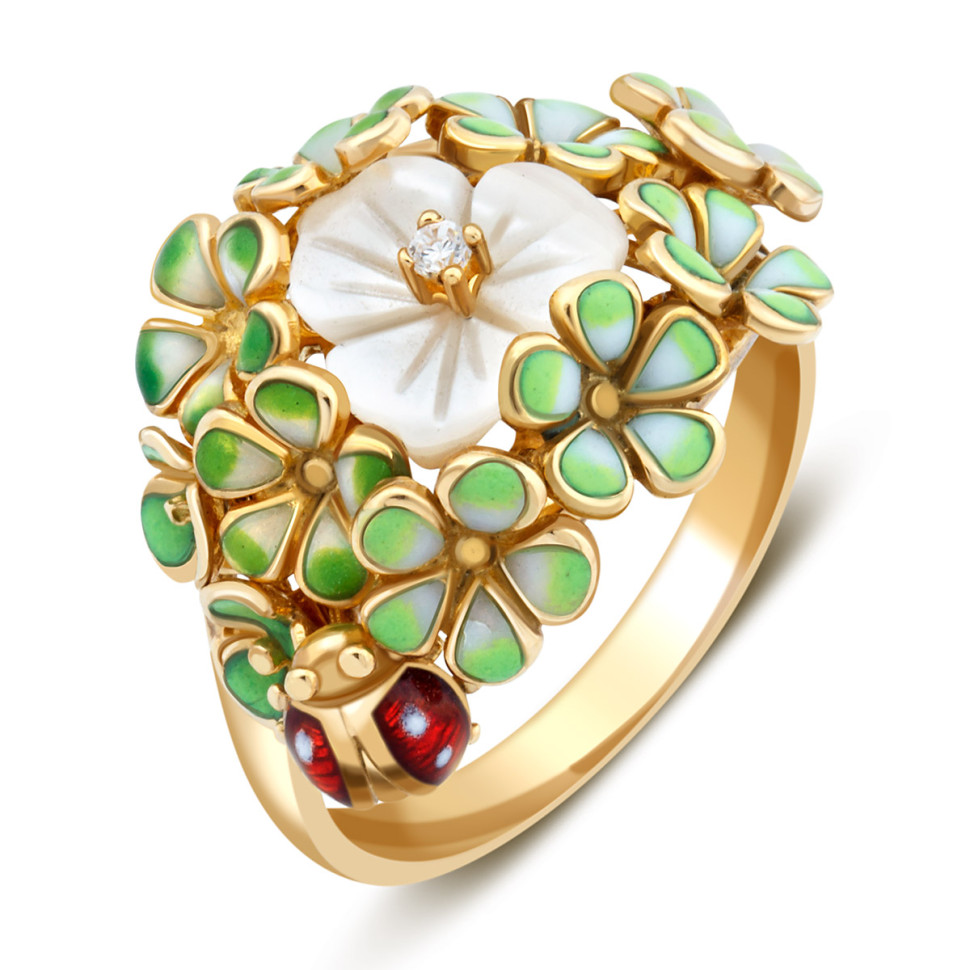 Кольцо из жёлтого золота с цирконом, эмалью и перламутром (023926)
