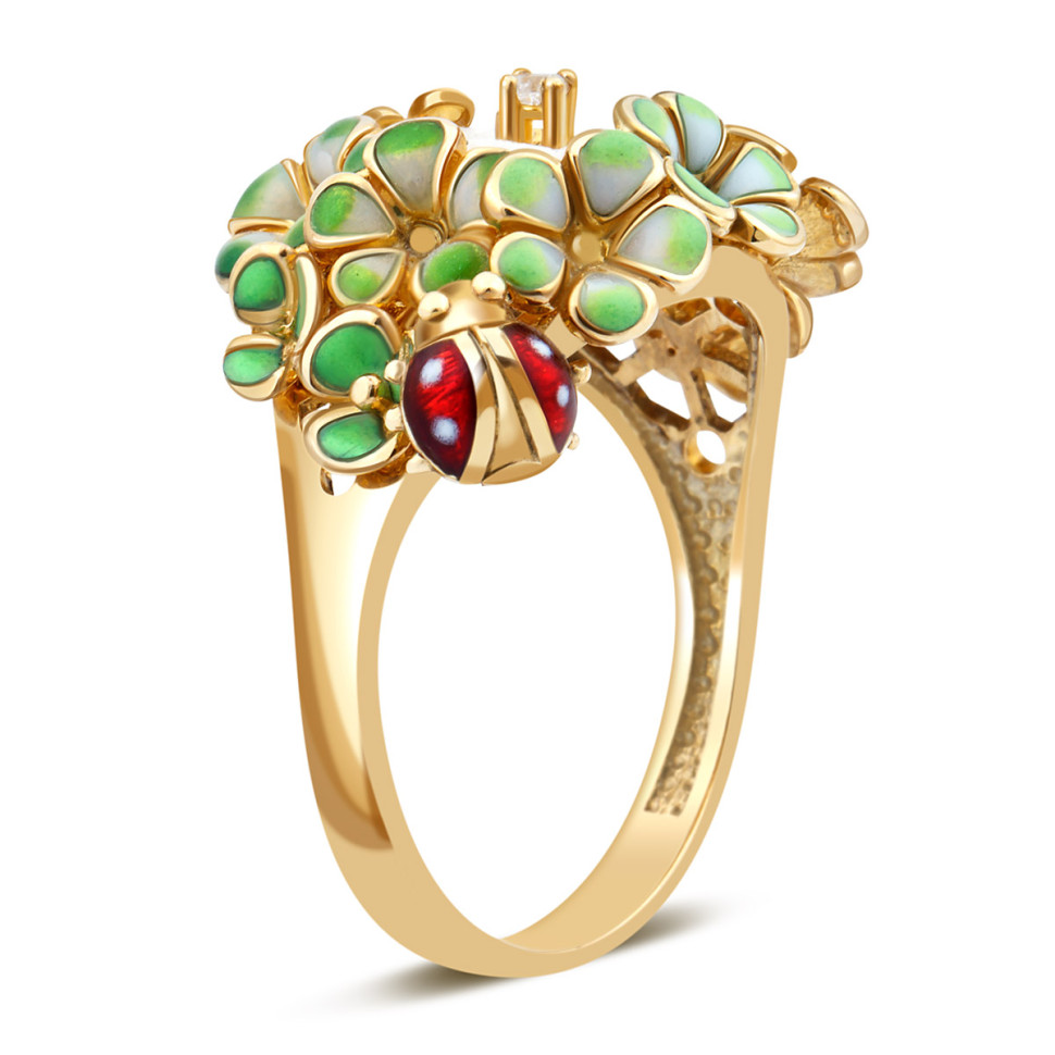 Кольцо из жёлтого золота с цирконом, эмалью и перламутром (023926)