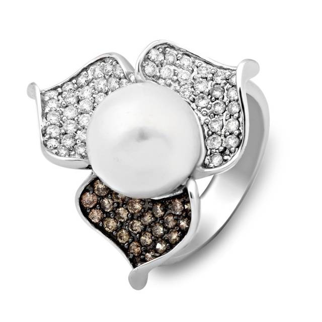 Кольцо из белого золота с бриллиантами и жемчугом (013732)