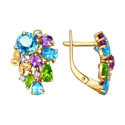 Серьги из красного золота с полудрагоценными камнями и фианитами (027811)