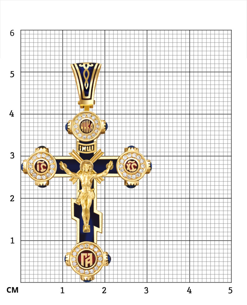 Кулон крест из жёлтого золота с бриллиантами и сапфирами (049367)