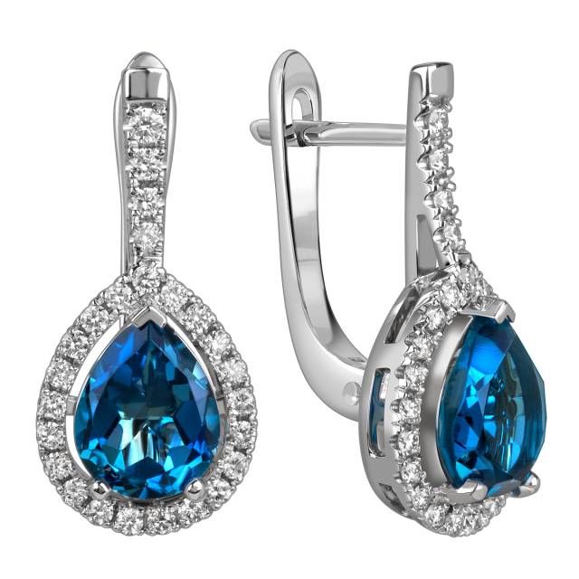 Серьги из белого золота с бриллиантами и лондон топазами (060364)