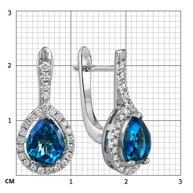 Серьги из белого золота с бриллиантами и лондон топазами (060364)