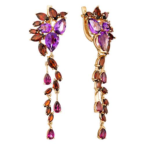 Серьги из красного золота с гранатами, аметистами и родолитами (040823)