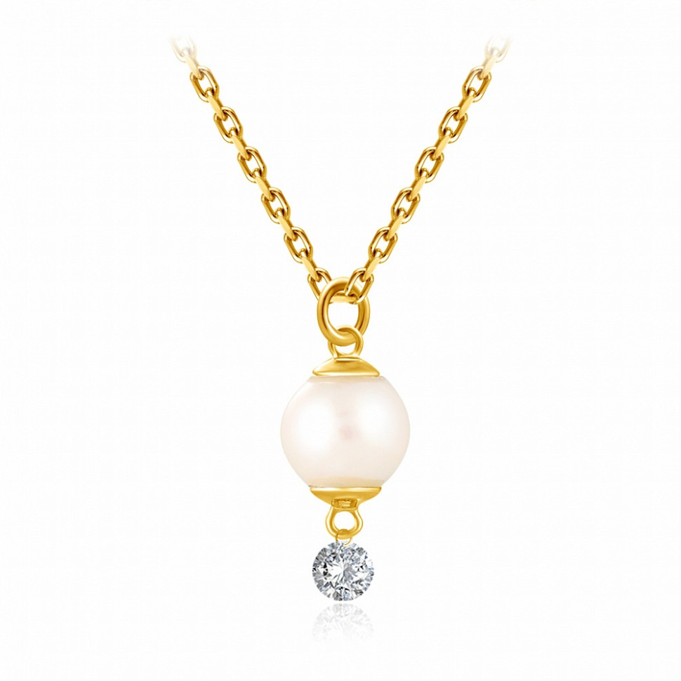Колье из жёлтого золота с бриллиантом и жемчугом Акойя (047755)