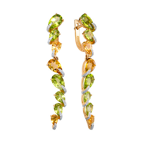 Серьги из красного золота с хризолитами, цитринами и фианитами (040850)