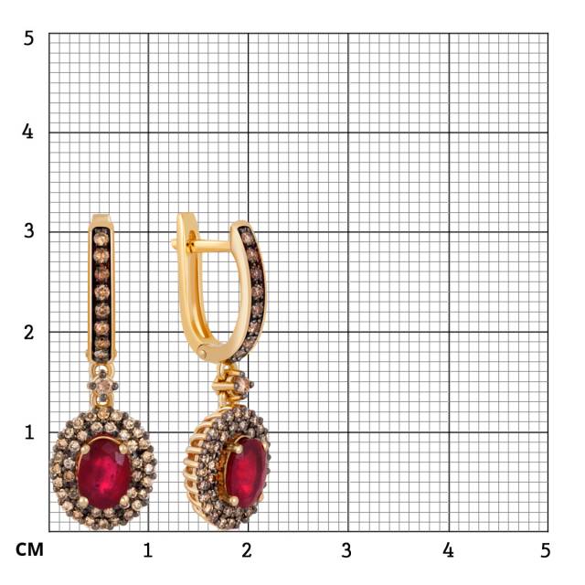 Серьги из жёлтого золота с коньячными бриллиантами и рубинами (046671)