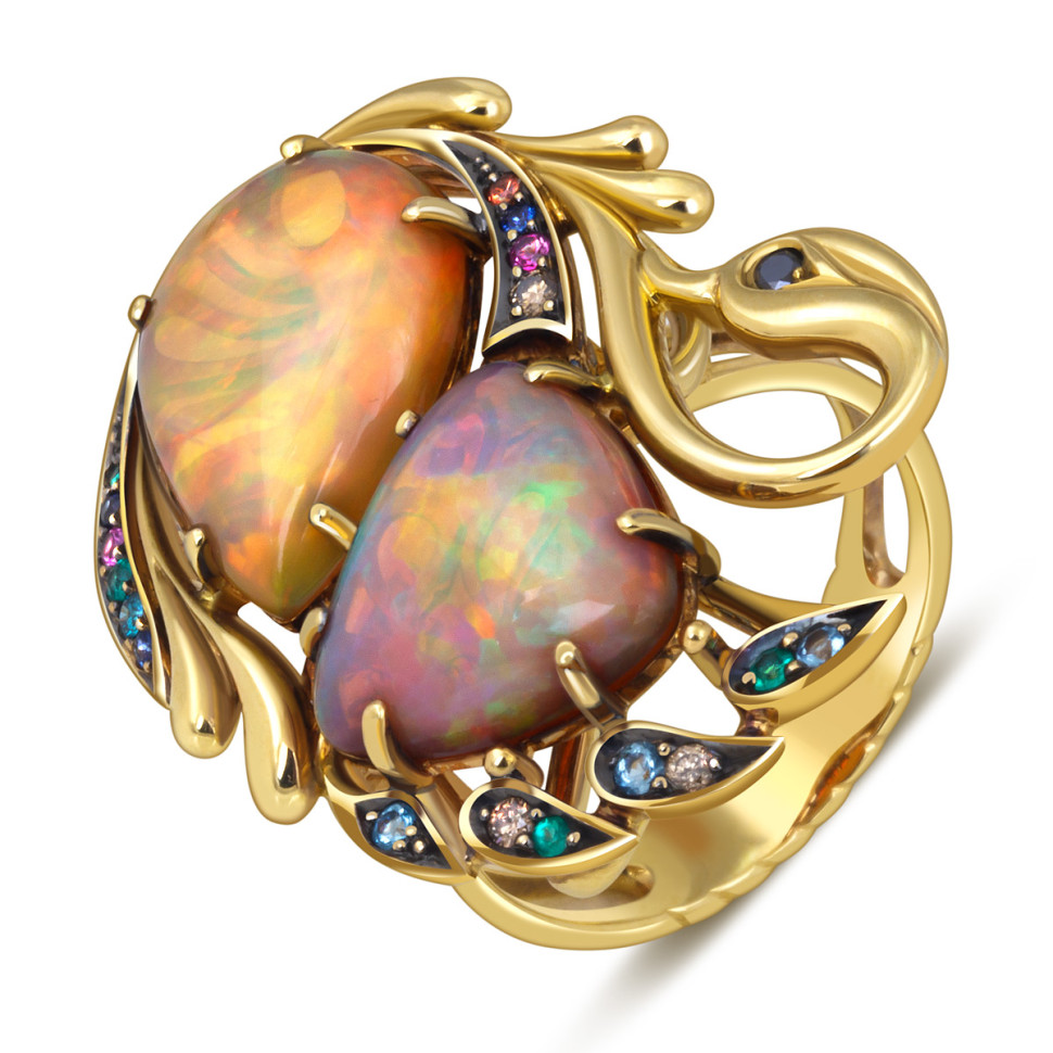 Кольцо из жёлтого золота с бриллиантами, сапфирами, изумрудами, аквамаринами и опалами 