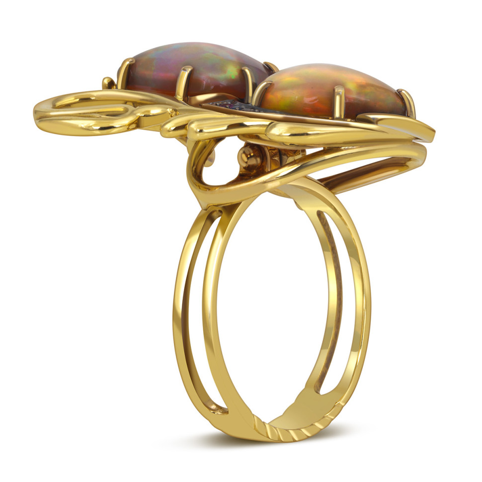 Кольцо из жёлтого золота с бриллиантами, сапфирами, изумрудами, аквамаринами и опалами 