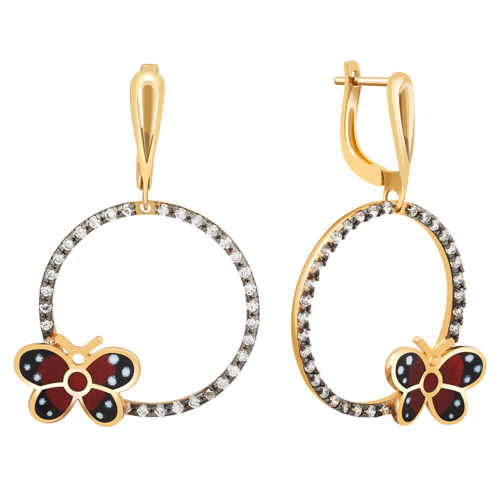 Серьги из жёлтого золота с цирконами и эмалью (018189)