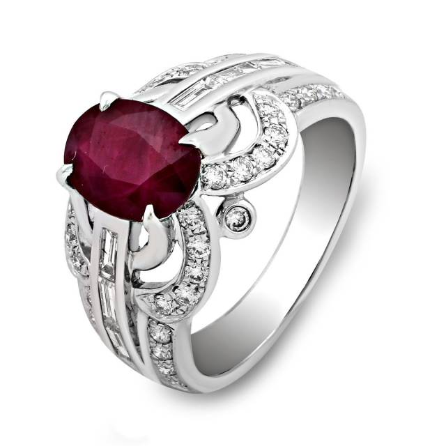 Кольцо из белого золота с бриллиантами и рубином (018565)